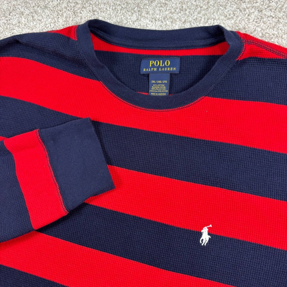 Polo Ralph Lauren Thermal Shirt Mens 2XL Red Navy Striped Waffle Knit Pony Logo
